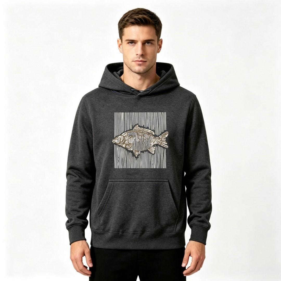 Men Adult White Ink DTF Printed Hoodie, Vintage Metallic Fish Skeleton Pattern Casual Long Sleeve Pullover Hooded Sweatshirt For Daily Streetwear S