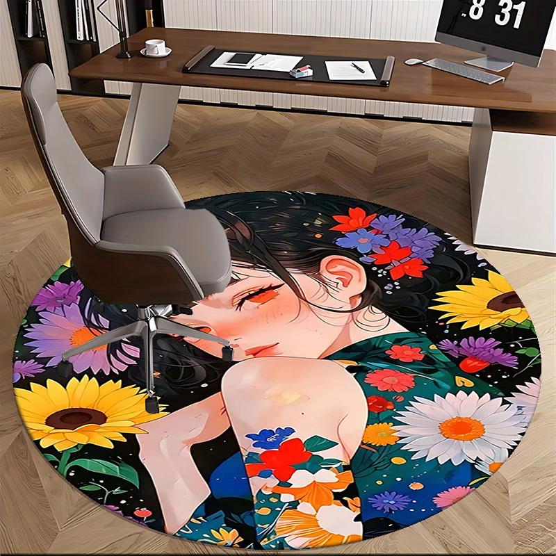 1pc Anime Design Round Carpet Floral Print Chair Mat for Office, Home Decor, Living Room, Bedroom