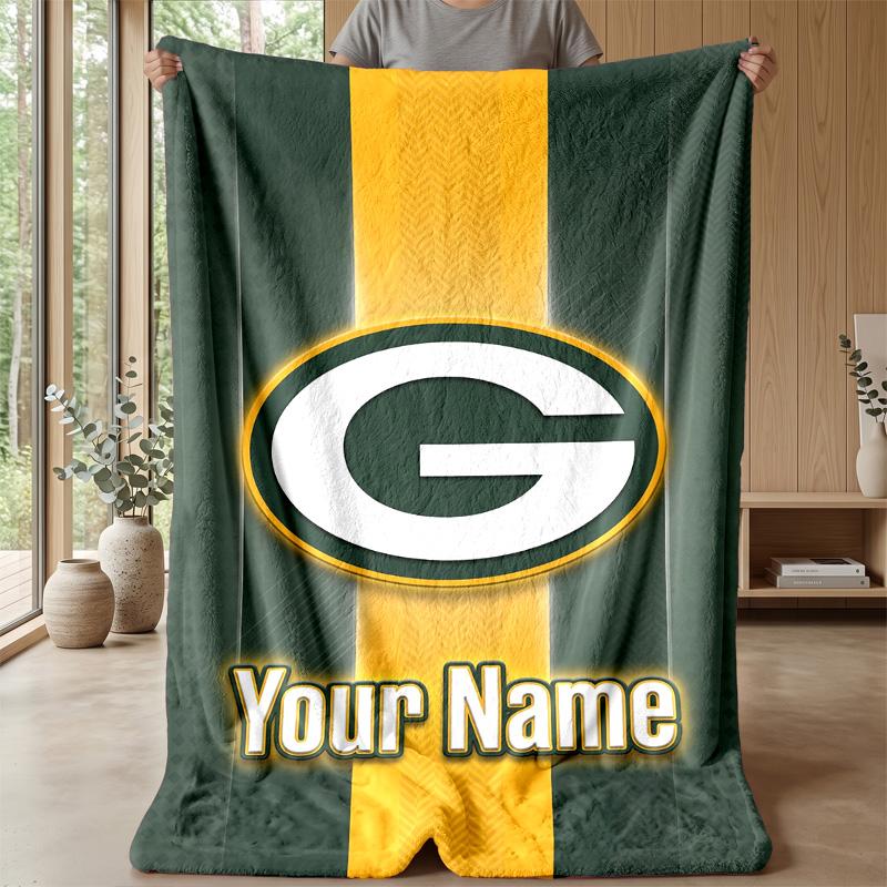Green Bay Packers Custom Flannel Throw Blanket Print Your Name Text Soft Warm Blanket Holiday Present
