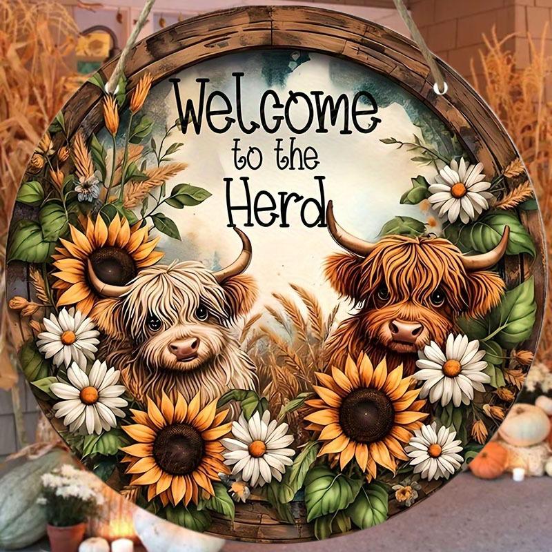 "Welcome To The Herd" Rustic Wooden Hanging Plaque with Curly Highland Cows & Sunflowers - Classic Farmhouse Wall Decor Sign for Door, Wall, Home Room