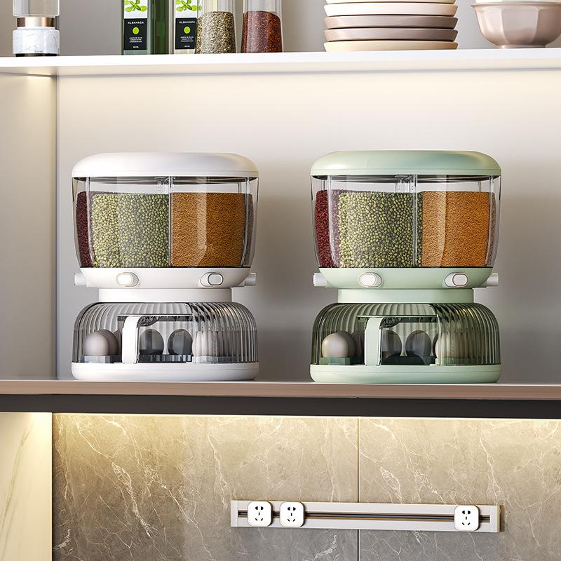 6-Grid Rotating Grain Dispenser Bulk Cereals Rice Barrels Separated Jars Sealed Insectproof Rice Tank Container Kitchen Storage