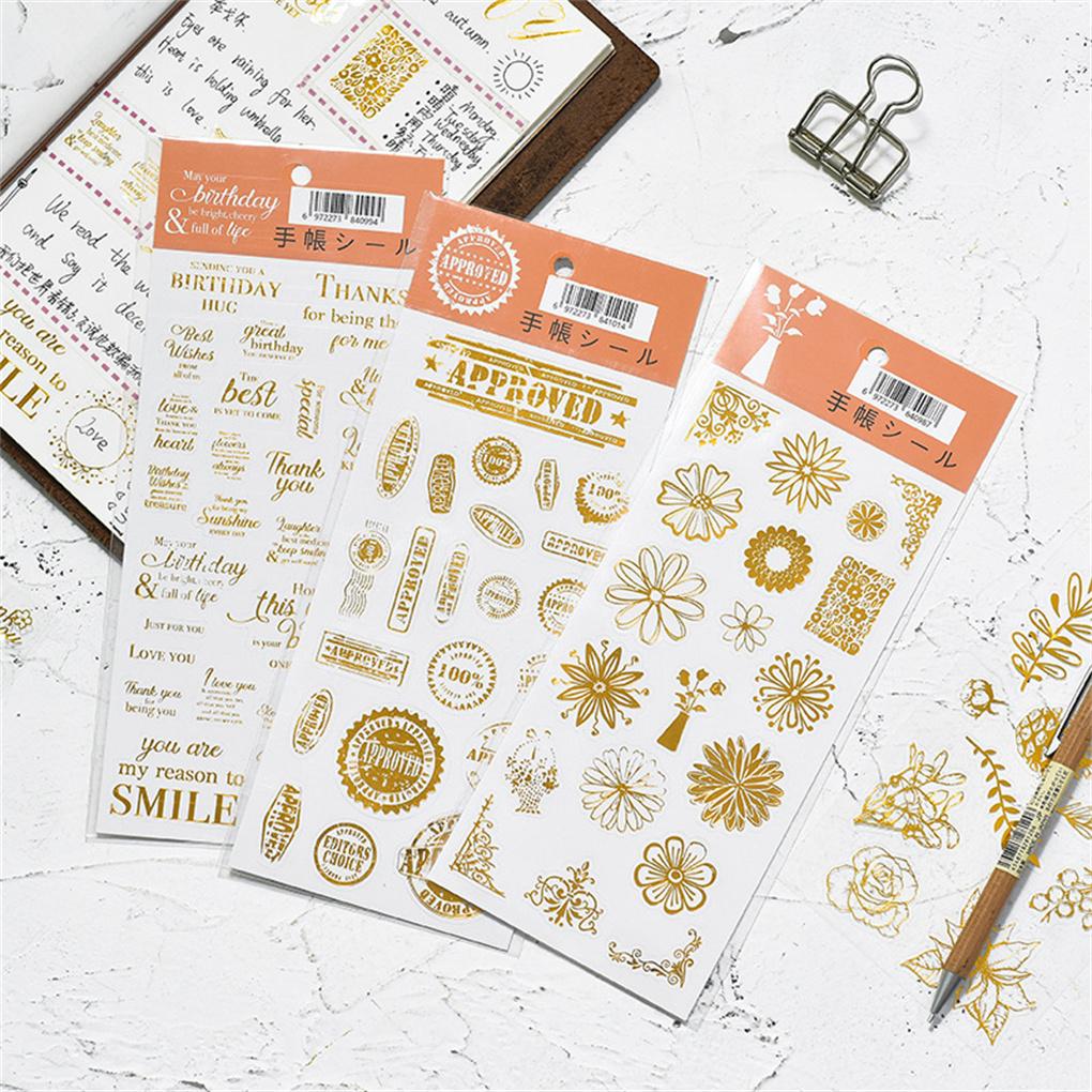 3 Sheets Scrapbook Stickers Self-Adhesive Gold Glitter Decals Family Gift Packaging Letter DIY Craft Office Art Decoration