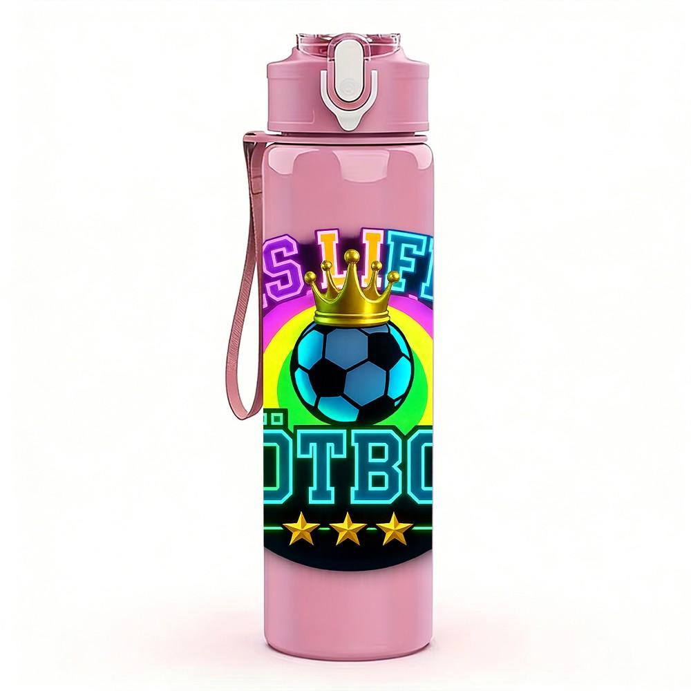 1PC Retro Colorful Futbol Badge Print 750ml Color Plastic Sports Water Bottle Leakproof Flip Straw Lid Suitable for Sports Office Home Use