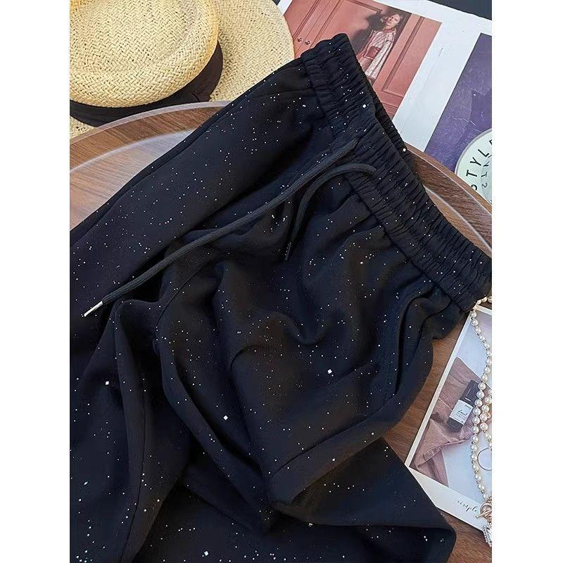 Prostota Moda Jesień Kobiety Jednolity Lód Elastyczne Wysoki Stan Sznurek Kieszeń Z cekinami Casual Luźne Proste Szerokie Nogawki Spodnie