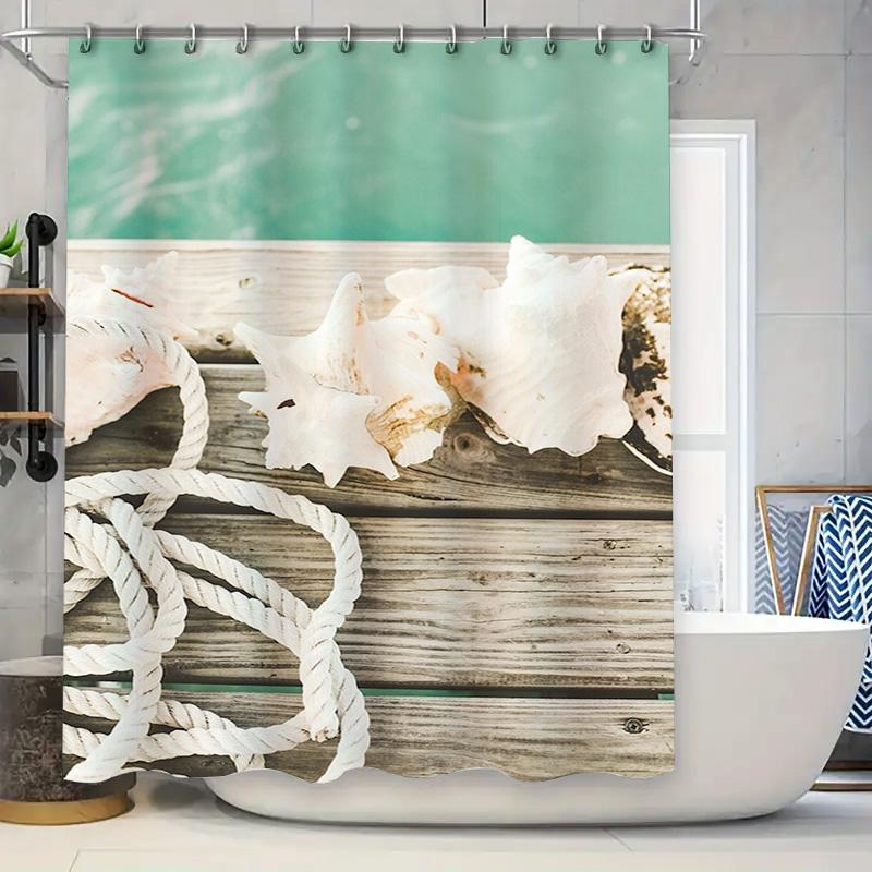 

Nautical Sea Shell Rope Wooden Bath Shower Curtain Set Waterproof Home Decor Bathroom Liner Modern Design 72 x 84 Inch 90x180cm