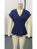 2026 Women's Slimming V-Neck Pleated Short Sleeve T-Shirt - Summer Solid Color
