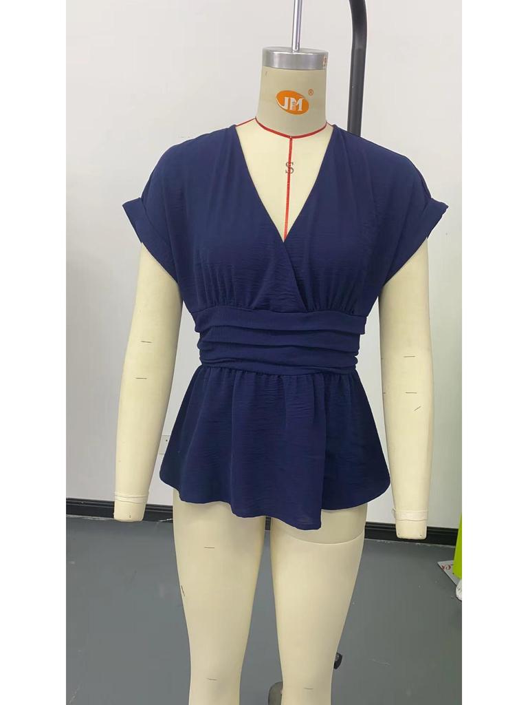 2026 Women's Slimming V-Neck Pleated Short Sleeve T-Shirt - Summer Solid Color