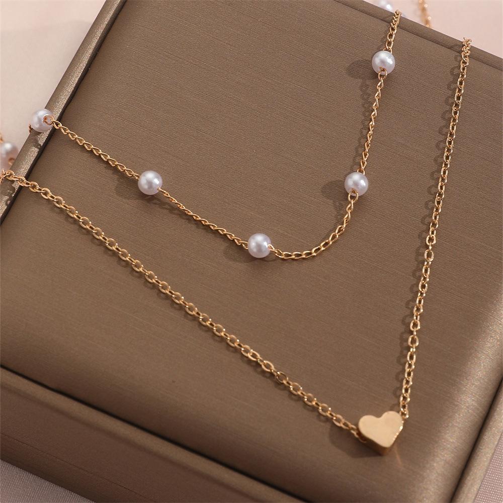 Imitation Pearl Love Pendant Necklace Versatile Clavicle Chain Women'S Vintage Double Layer Stacked Necklace