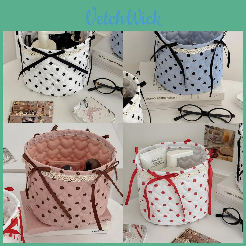 Stylish Nylon Dot Pattern Storage Bin With Ribbon For Makeup And Toy Organization