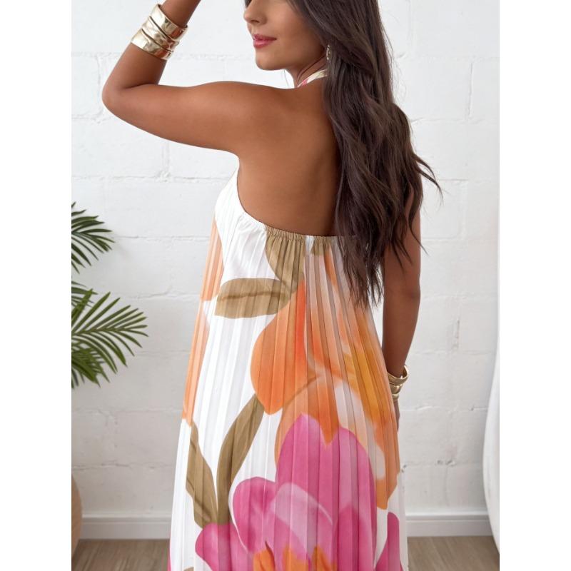 Womens Halter Neck Floral Printed Pleated Lace Up Vacation Long Dress