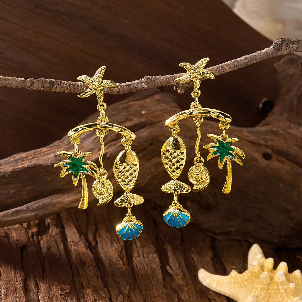 Seaside Vacation Starfish Fish Conch Dangle Earrings for Women Bohemian Coconut Tree Scallops Earring Summer Beach Party Jewelry