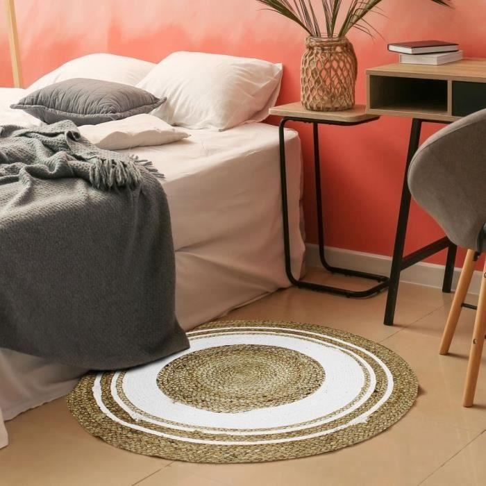 Funny Jute - Tapis Salon ou Chambre en Jute naturel rond diamètre 90 cm Ø - Blanc
