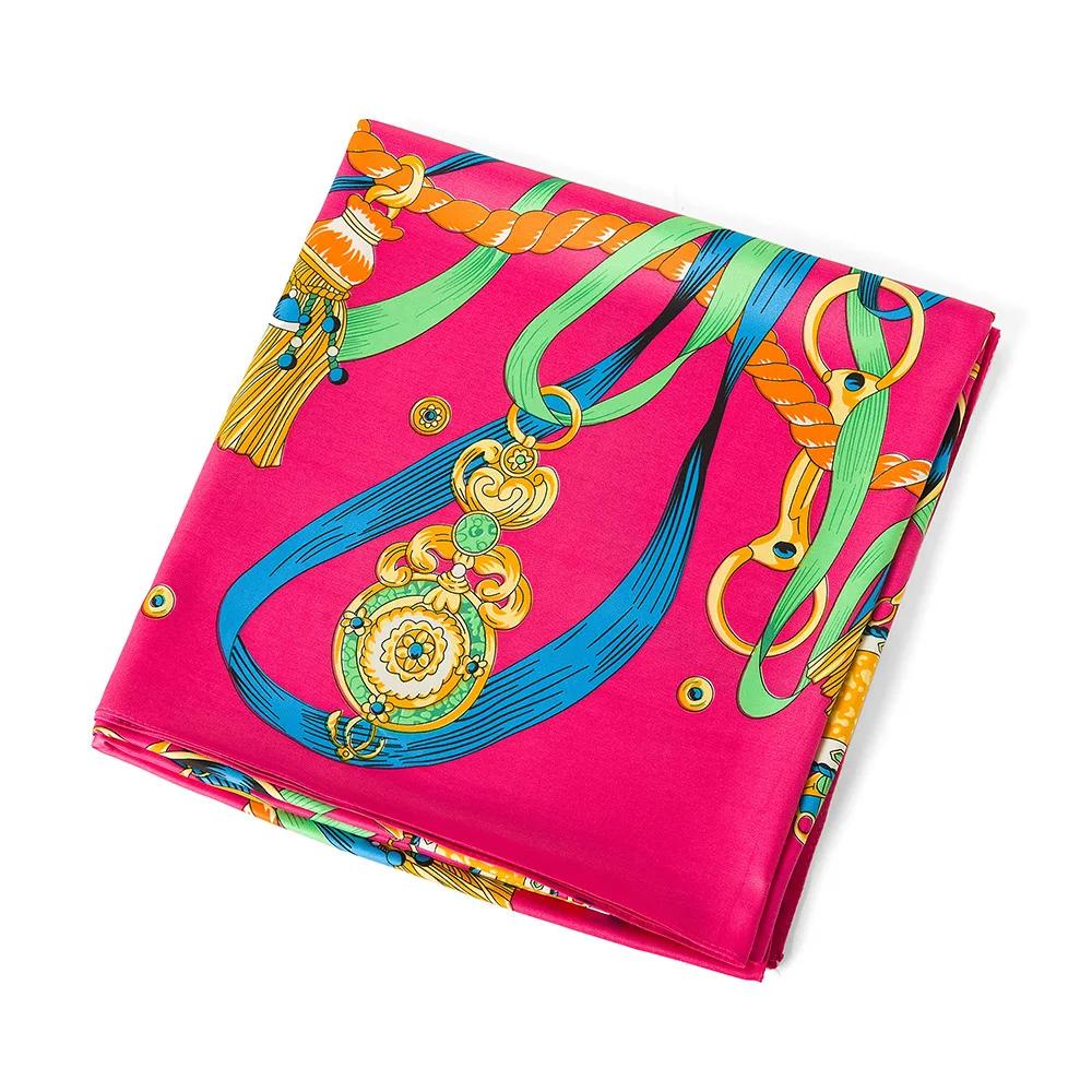 130*130cm  Twill Silk Scarf Women Luxury Chain Print Beach Shawl Square Bandana Kerchief Femme Fourlard Echarpes Stoles