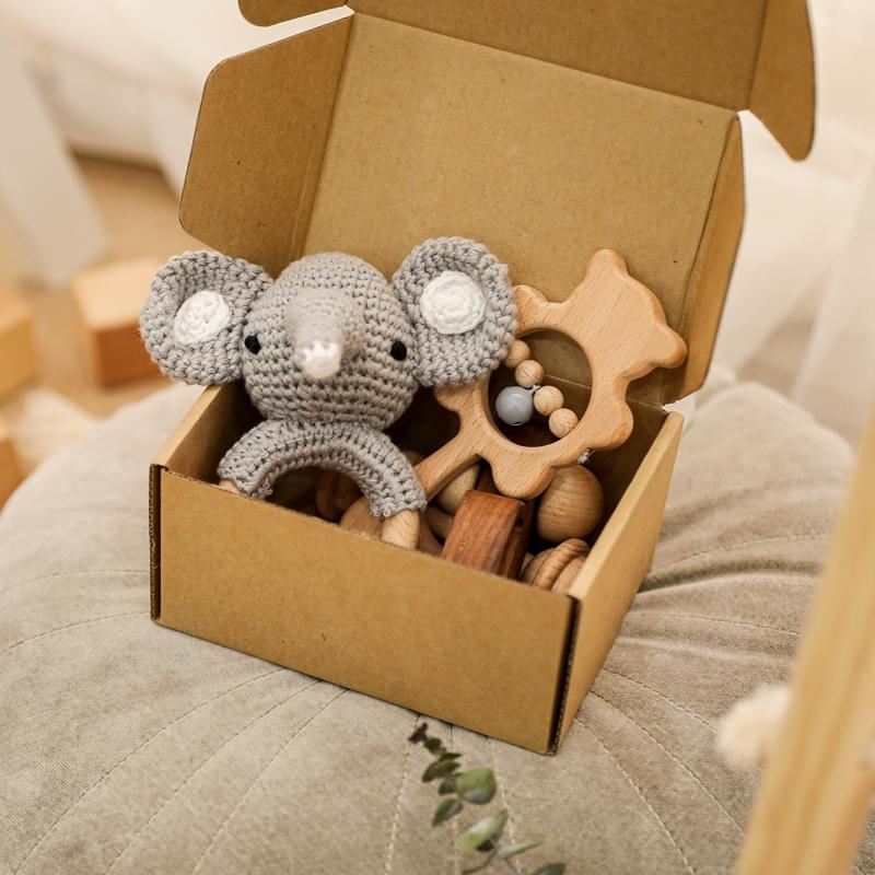 4 Pcs Baby Wooden Crochet Rattle Toys Natural Wooden Teether Animal Rattle Montessori Toy Eco Friendly Infant Newborn Gift