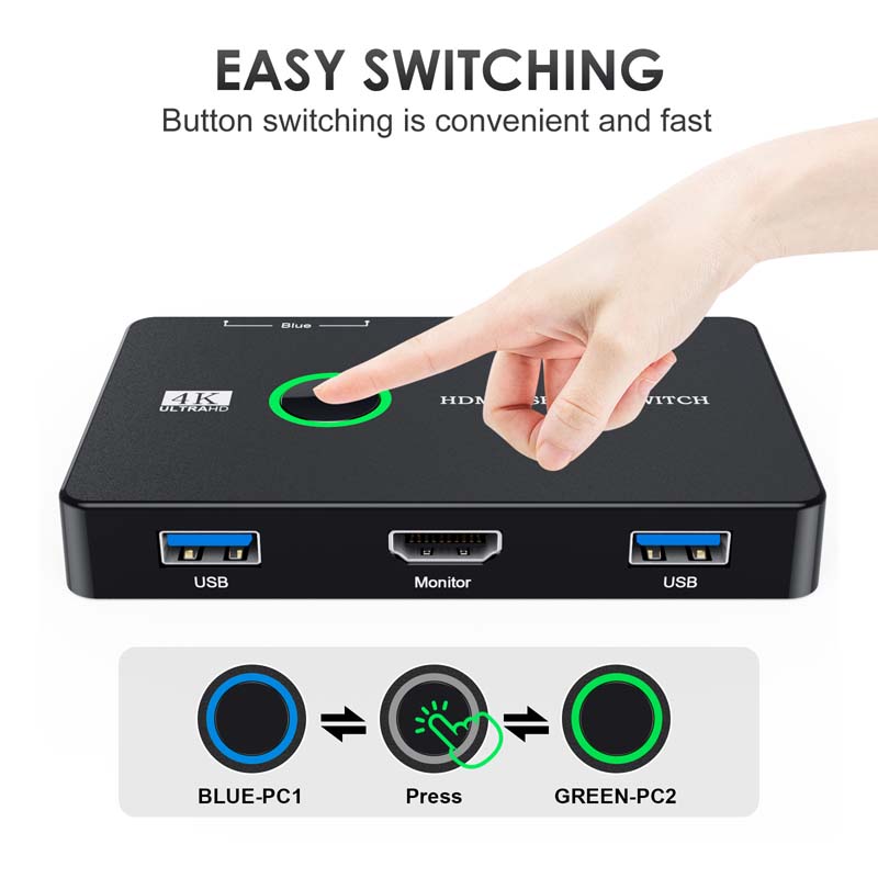 Caja Selectora KVM USB USB3.0 2.0 Selector Compatible con HDMI 2 Puertos Compartiendo 2 Dispositivos para Monitor de PC Teclado Ratón Divisor de Cable
