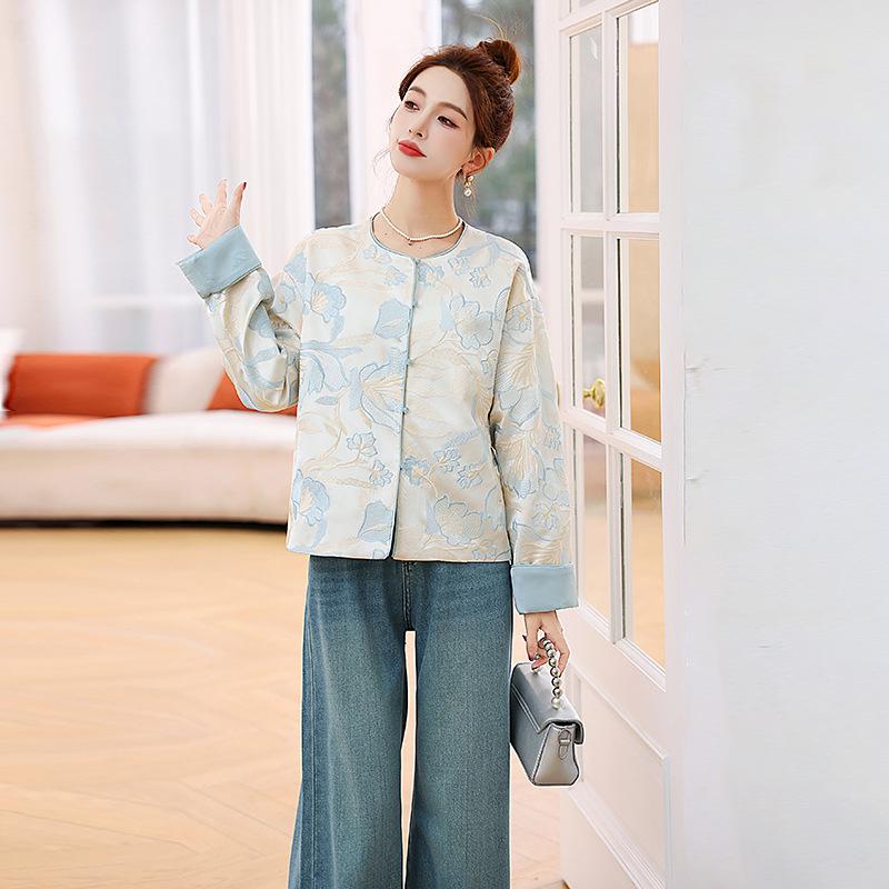 

2025 Spring Women s Retro Color Block Jacket with Embroidered Frog Button Style (YW8991) XL (120-130 jin) рожевий