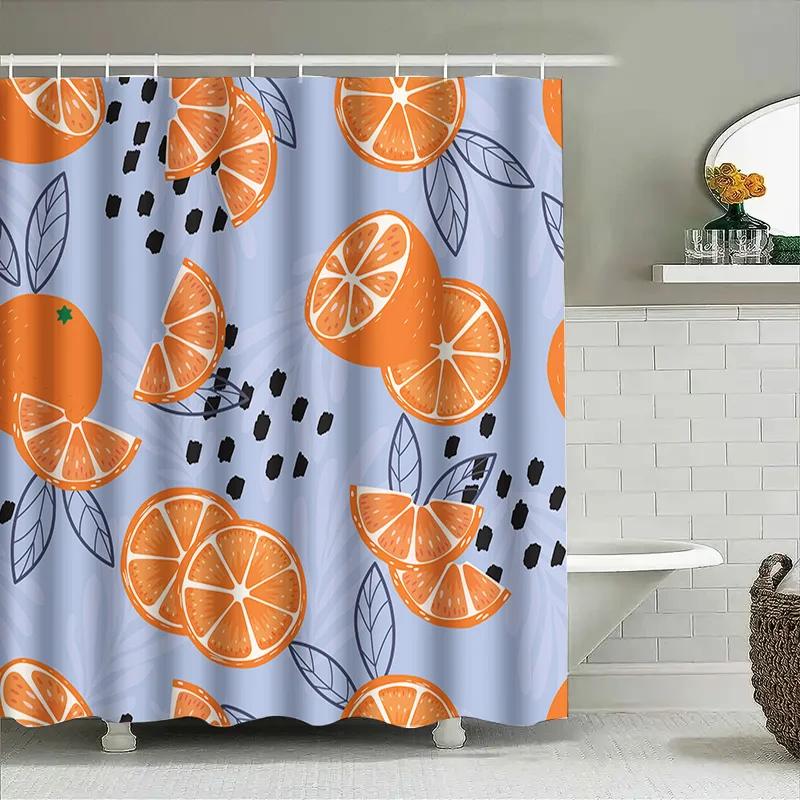 Vibrant Orange Slice Shower Curtain For A Fresh Bathroom, Featuring Juicy Oranges And Leaves On A Light Blue Background