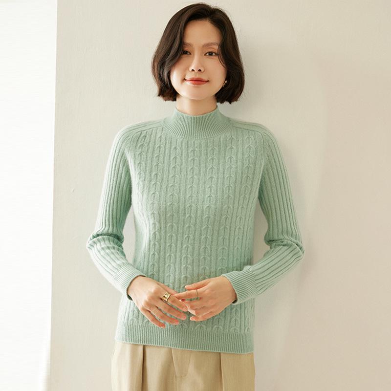 Women's Retro Cable-Knit Cashmere Half-Turtleneck Sweater - Autumn/Winter Base Layer, Solid Color