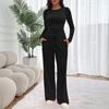 Womens 2-Piece Casual Set Long Sleeve Top Wide Leg Pants Solid Color Daily Wear