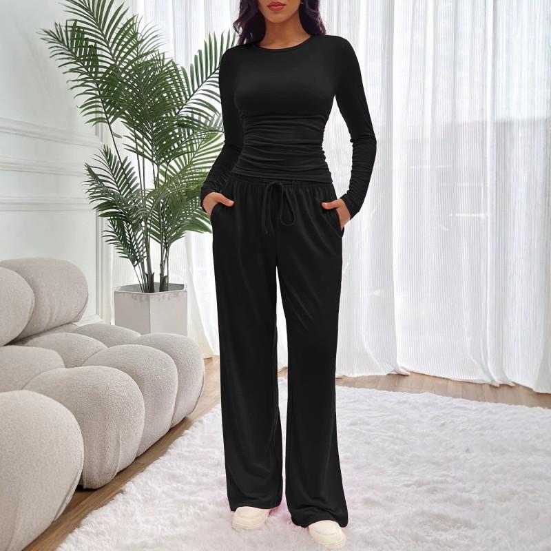 Womens 2-Piece Casual Set Long Sleeve Top Wide Leg Pants Solid Color Daily Wear
