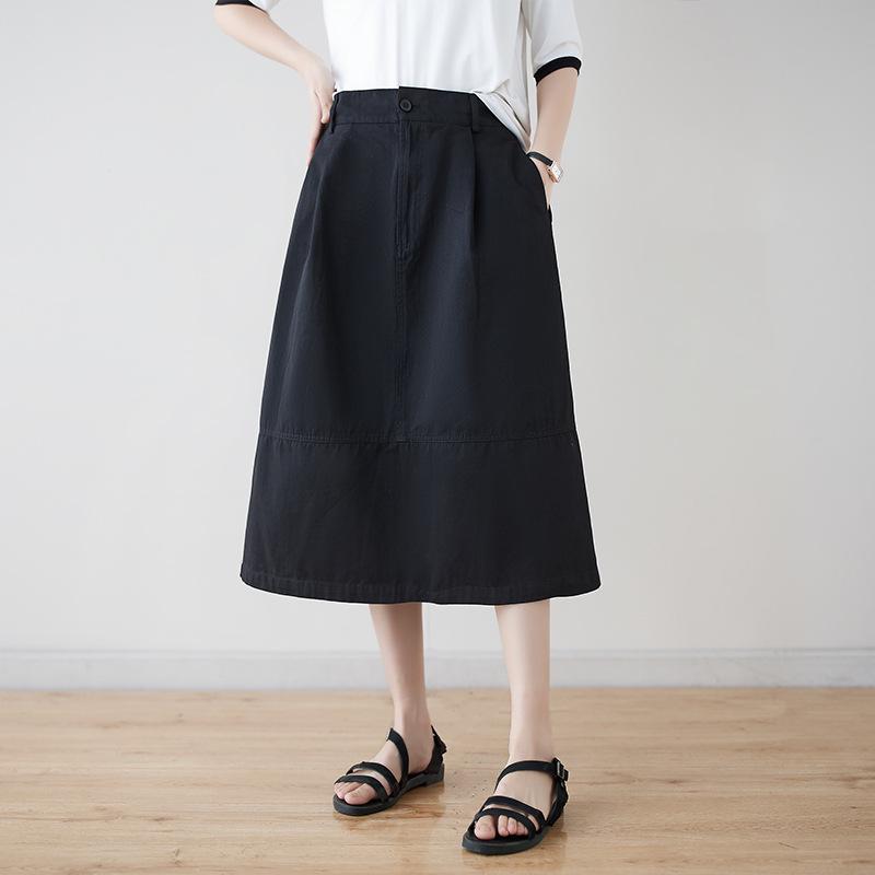 

2025 Новая женская японская рабочая юбка миди - А-силуэт, чистый хлопок, полуэластичная талия, летний стиль. XL чёрный