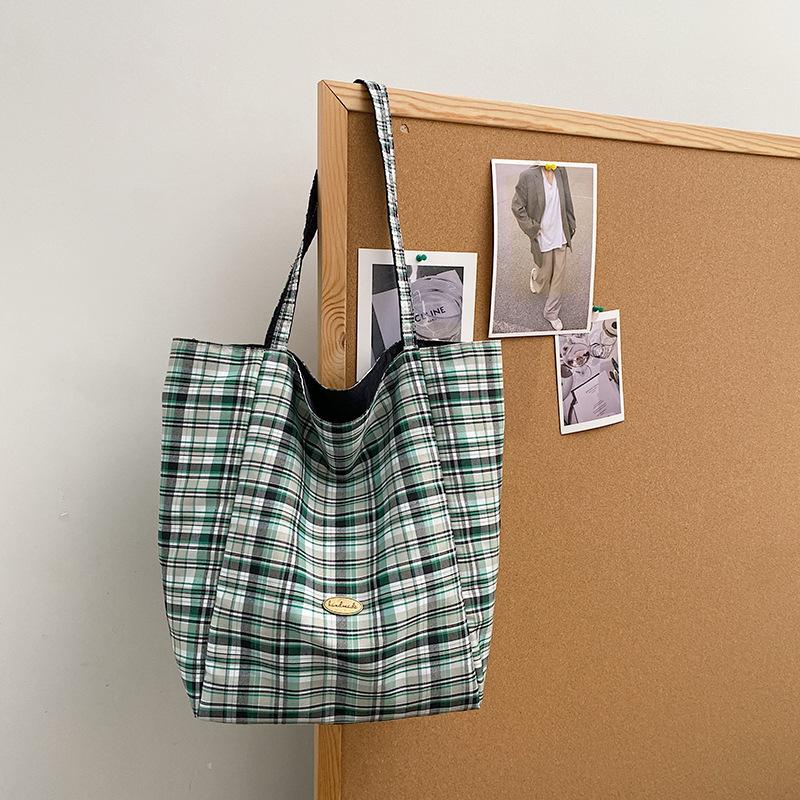 Casual relaxation large-capacity bag women's 2025 new autumn and winter canvas plaid shoulder bag double-sided tote bag