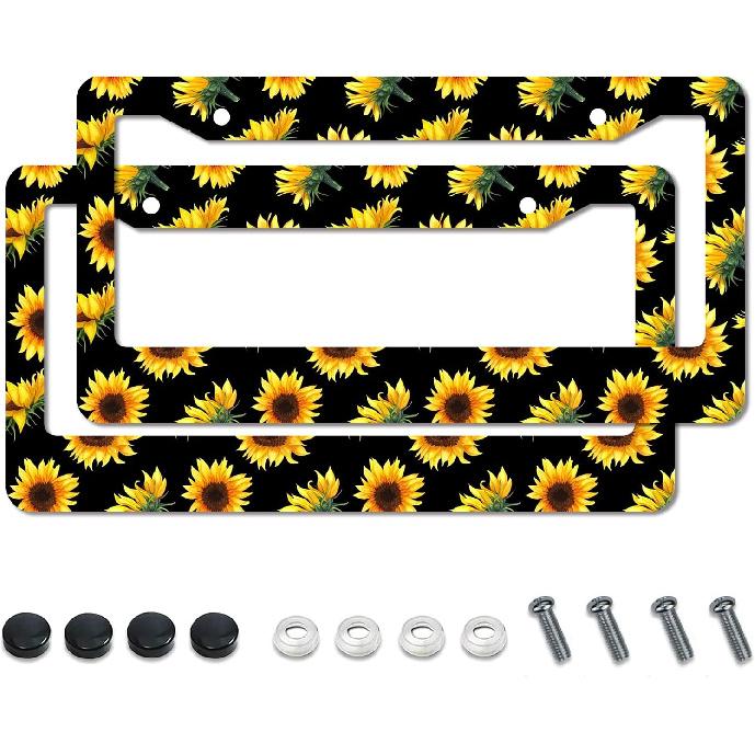 Floral License Plate Frame,Colorful Flowers Cute License Plate Frame 2 Pack Car Accessories Aluminum License Plate Covers for Men Women 2 Holes with