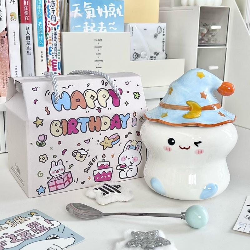 Cute ghost mug with lid spoon high value girl birthday gift office ceramic water cup souvenir