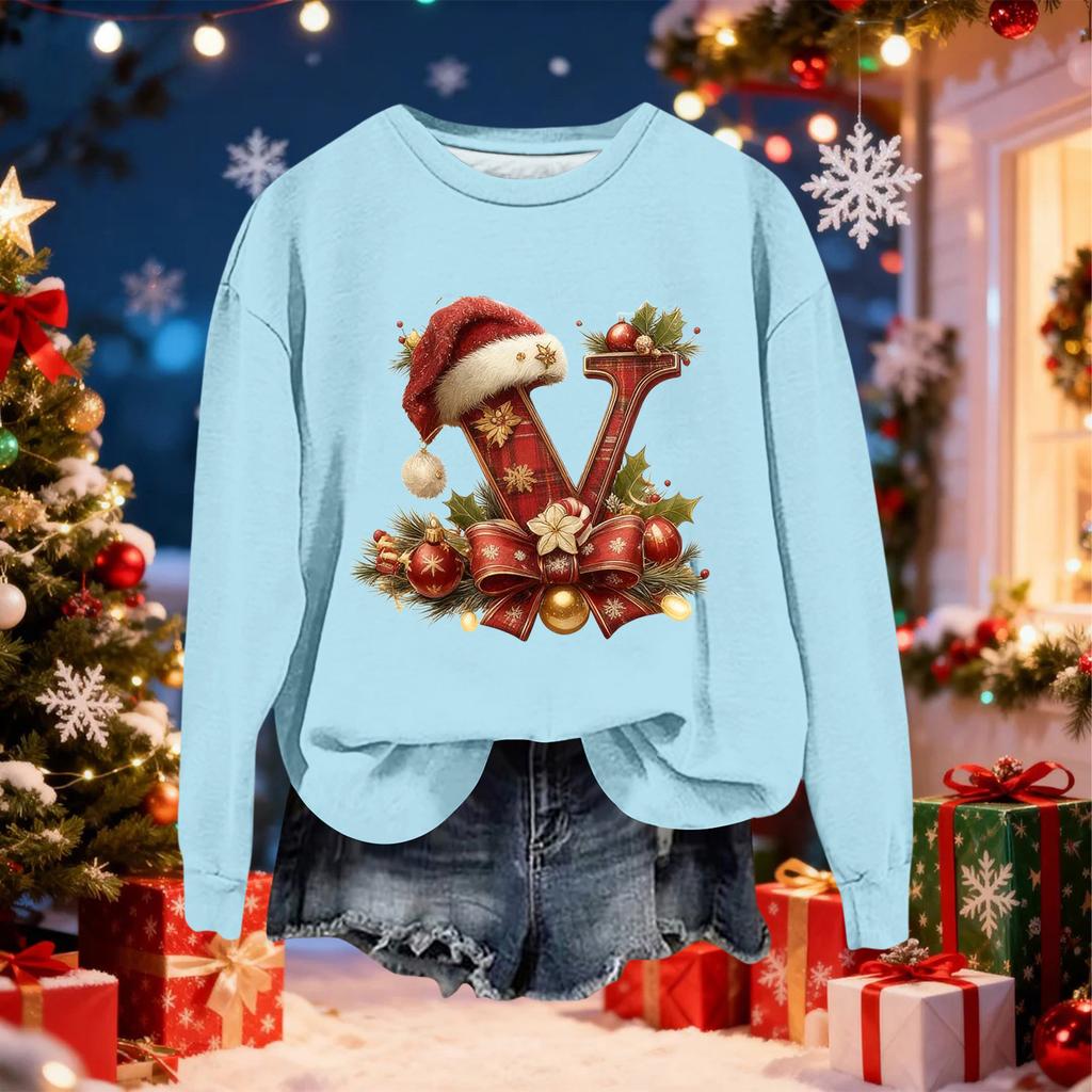 Women's Fashionable Casual Long-Sleeved Christmas Letter Print Crew-Neck Sweatshirt