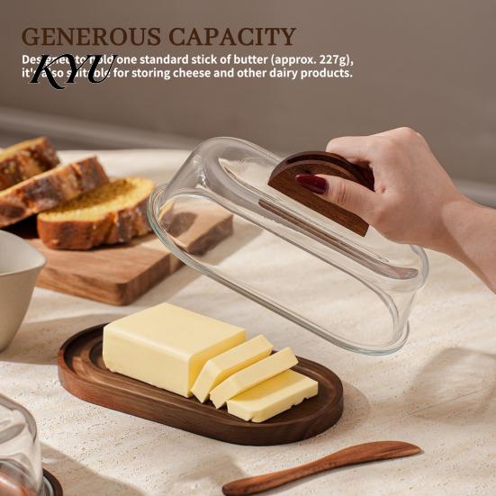 Kitchen Gadgets for Bread Spreading Wooden Butter Dish with Glass Lid And Knife, Holder Keeper Wood Base Countertop & Refrigerator, Tray, Container,