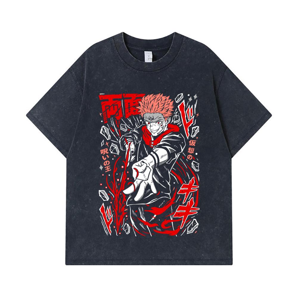 275 GSM Washed T-shirts 100% Cotton Jujutsu Kaisen V31 Sukuna Print Unisex Heavy Cotton T Shirt