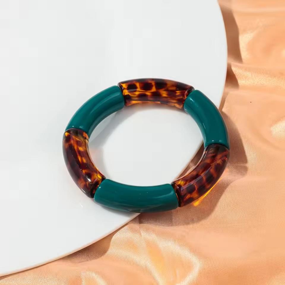 New Colorful Leopard Acrylic Thick Bamboo Tube Bracelet Bangle for Women Retro Resin Elastic Stack Bracelets Trendy Jewelry Gift