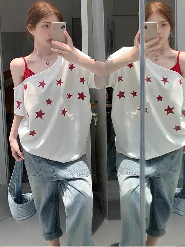 Korean Style Star Print One-Shoulder Camisole Patchwork T-Shirt - Women’s Loose Summer Top