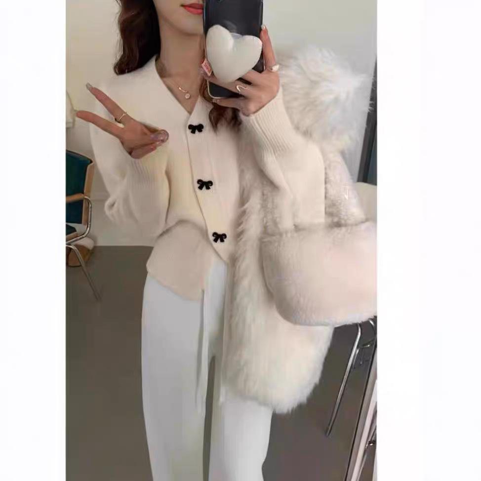 Temperament Bow Button Knitted Cardigan Women's Versatile Skinny Sweater Jacket Women's Top