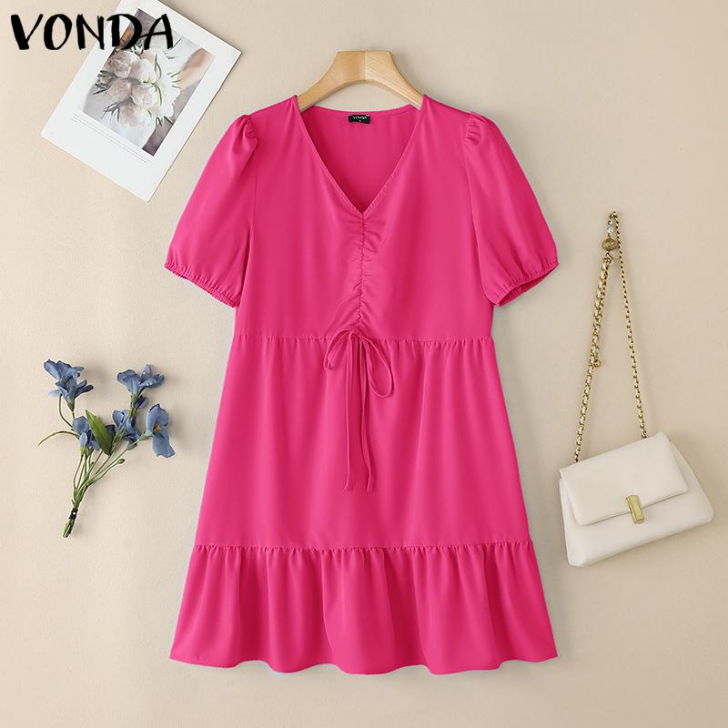 

VONDA Женское летнее платье с V-образным вырезом, коротким рукавом, однотонное, с драпировкой 5XL темно-розовый