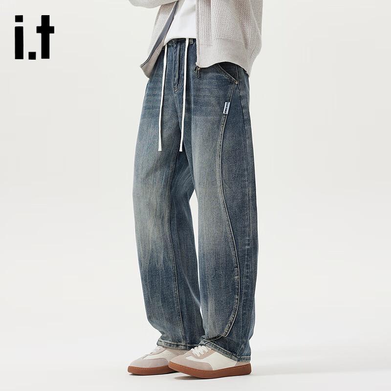 Izzue Men's American High Street Loose Straight Denim Jeans