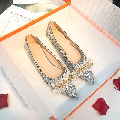 A Champagne Silver Flat Shoes High-end Bridal Wedding Shoes Hexiu Wedding Dress Two Wear Is Not Tired