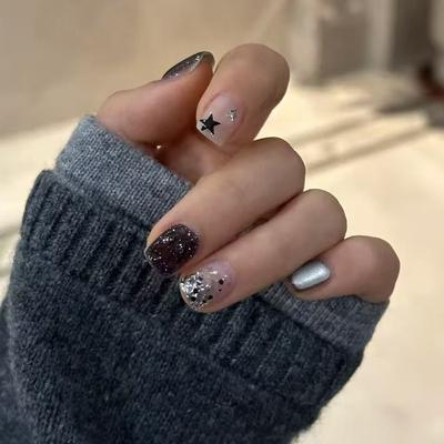 Fine Flash Dots Stars Gradually Change Cute Playful Vitality Girl Fashion Versatile Detachable Nail Art Pieces 24 Pieces