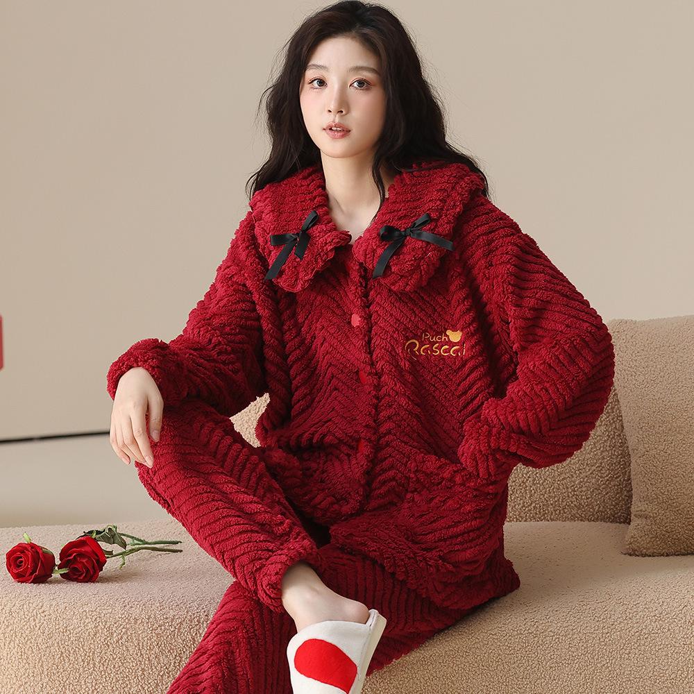 Couple Pajamas Winter Coral Fleece Wedding Thickened Wedding Festive Red Men's and Women's Flannel Loungewear