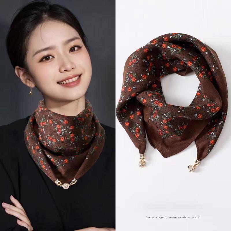 2025 New Fashion Magnetic Button Silk Scarf Women Small Square Scarf Autumn Winter Warm Anti Cold Scarf