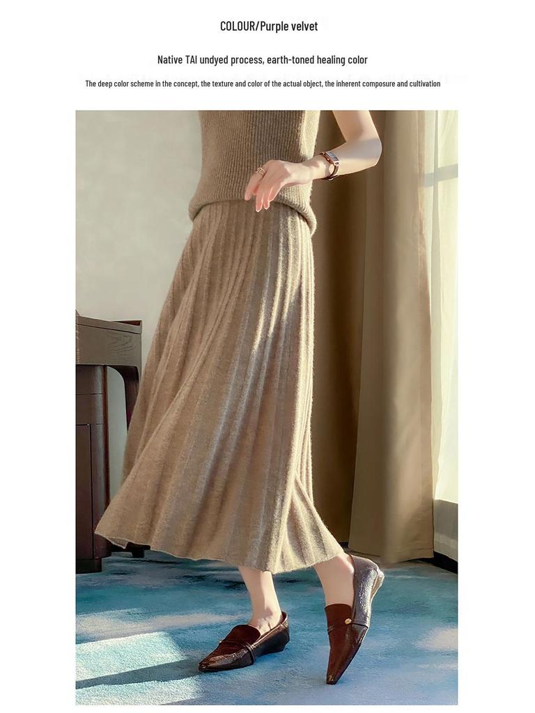 Hepburn Style High-Waisted Cashmere Pleated A-Line Skirt