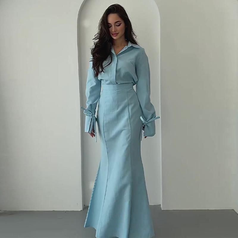 2024 Autumn Women's Solid Color Shirt & High Waist Skirt Set with Turn-down Collar and Long Sleeves