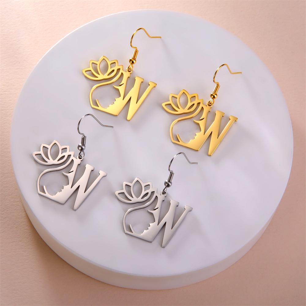 My Shape Beauty Flower Letter Drop Earrings for Women A-Z Alphabet Initials Lotus Stainless Steel Fashion Jewelry Kids Female