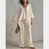 Women's new loose V-neck top high waist wide legs casual vacation style solid color suit