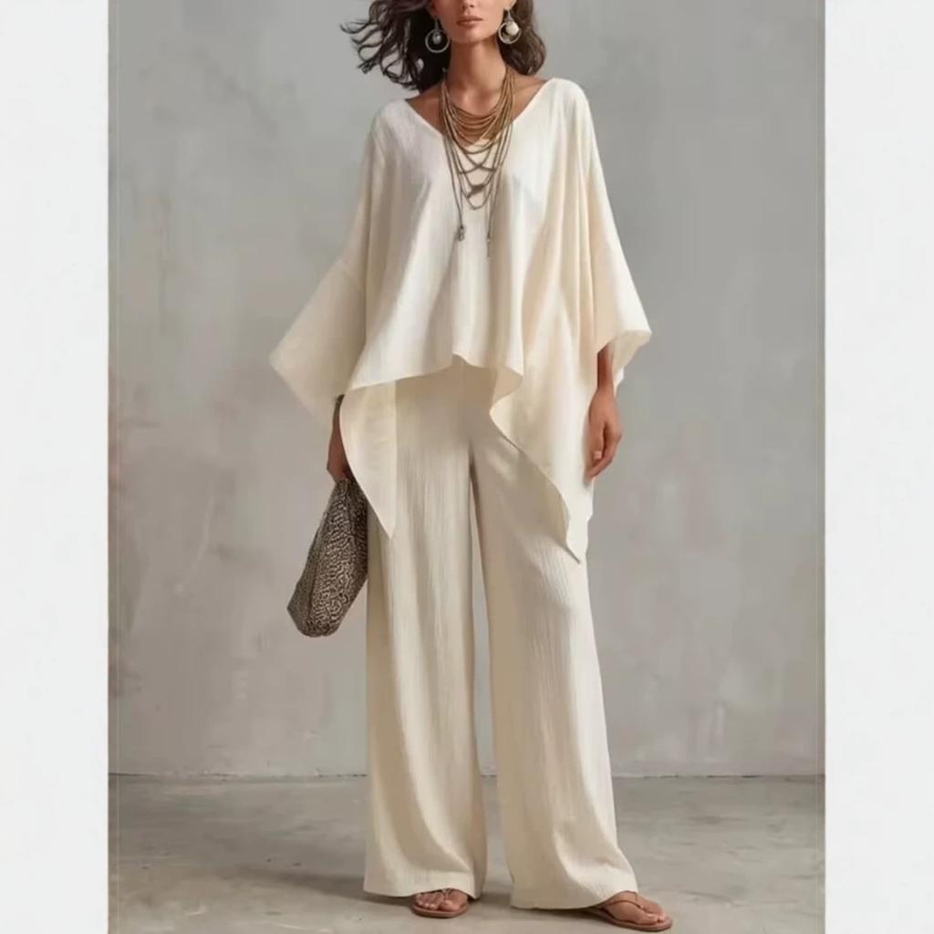 Women's new loose V-neck top high waist wide legs casual vacation style solid color suit