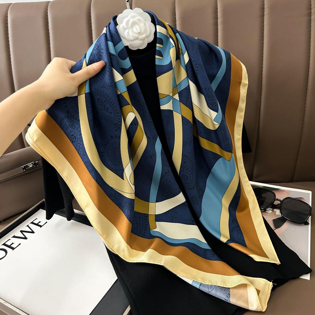 Silk Neckerchief: 90x90 Large Chic Square Scarf for Women - Perfect for Spring, Autumn, Winter Fashion