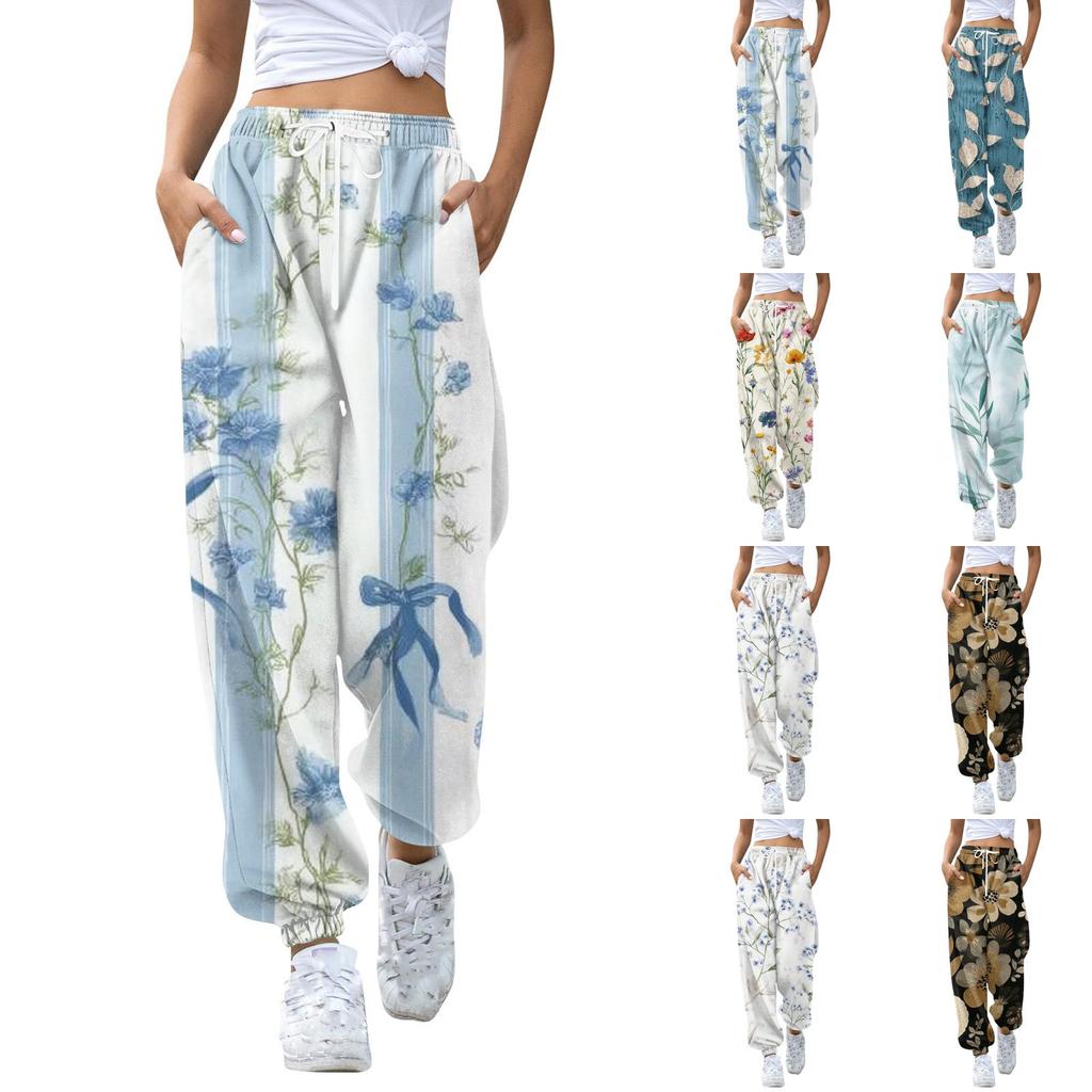 Women's Floral Print Casual Jogger Sweatpants with Elastic Drawstring Waist and Tapered Leg