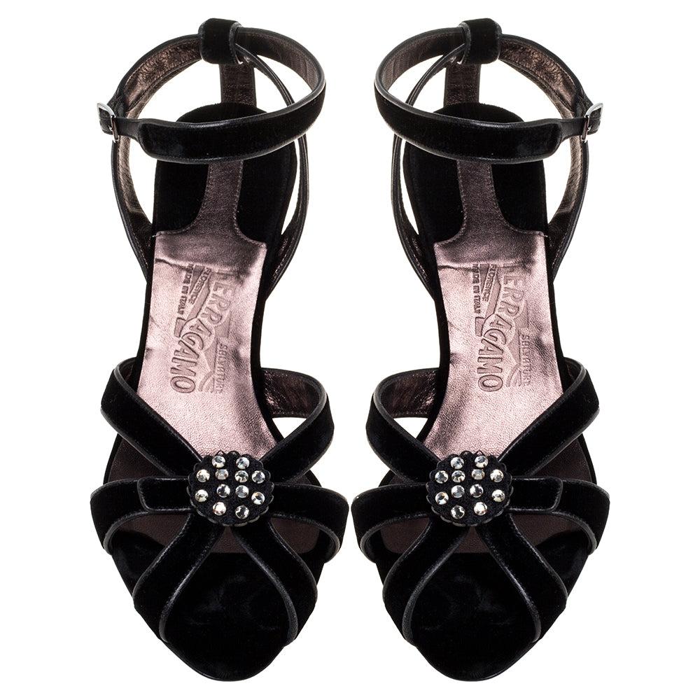 Salvatore Ferragamo Black Velvet Embellished Strappy Sandals