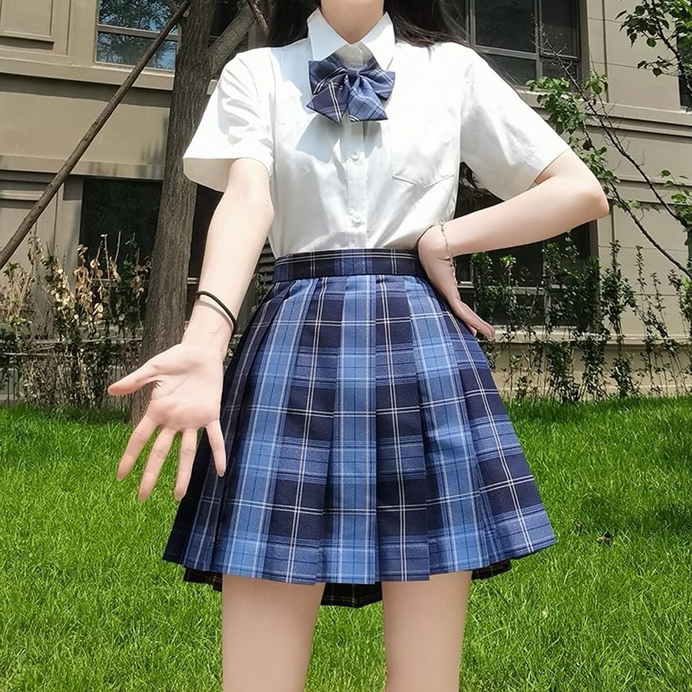 Limspace Sailor Uniform Perfect for Pleated Checkered Ribbon Halloween Short Long and Perfect for Amusement Entrance School and Cultural Blue Short