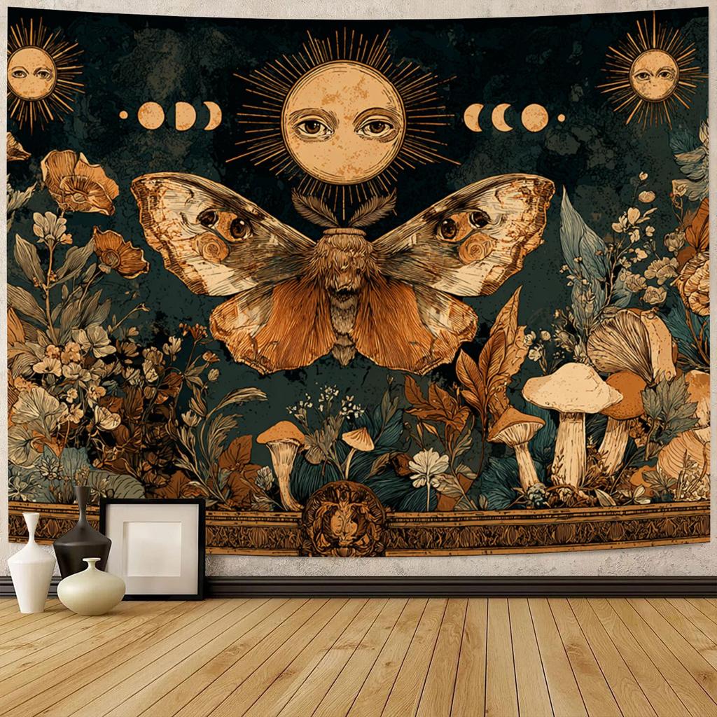 A Tapestry Featuring a Mysterious Scene of Moths, The Sun, And Flowers, Perfect for Holiday Decoration in Living Rooms, Bedrooms, Offices, And Parties